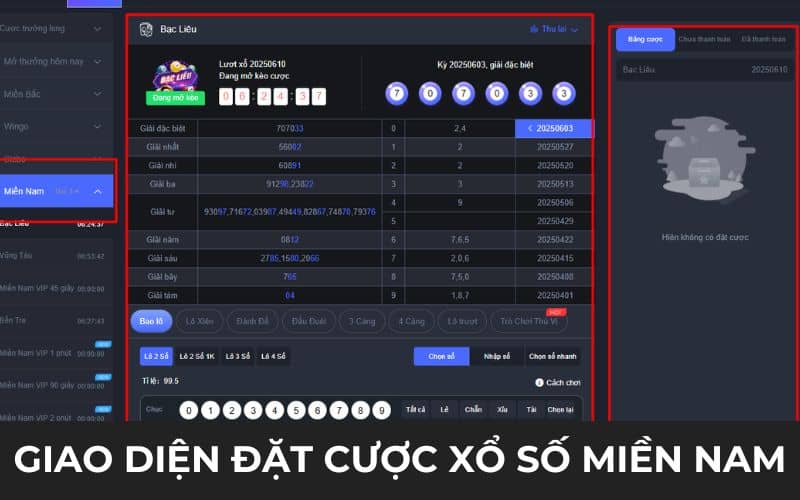 Giao diện đặt cược xổ số miền Nam Giao diện đặt cược xổ số miền Nam